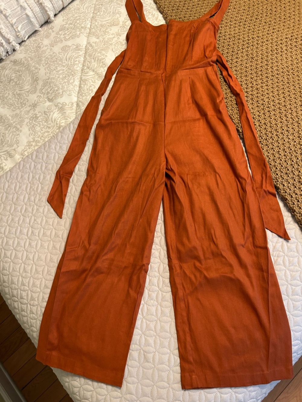 Rust Wide-Leg Jumpsuit with Tie Straps